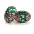 Green glass large hole beads with pink floral patterns for DIY jewelry making - Green Base Pink Floral (002)