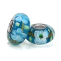 Handmade blue lampwork glass beads with floral patterns and silver metal cores - Blue Floral (003)