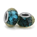 Teal glass large hole charms with black floral patterns and faceted resin surface - Teal Faceted Floral Texture (025)
