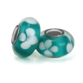 Lake green glass beads with white floral patterns and metal core for DIY bracelets - Lake Green White Four-Petal Flower (004)