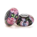 Deep purple and brown large hole glass beads with pink 3D flower patterns for DIY bracelets - Dark Purple Brown Base Pink Floral (005)