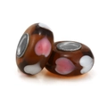 Brown Murano style glass beads with pink and white hearts for DIY bracelets - Brown Base Heart Pattern (006)