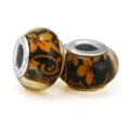 Amber glass charm beads with orange floral pattern and S925 sterling silver cores - Amber Orange Floral Pattern (017)