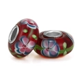 Handmade large hole dark red glass beads with blue floral patterns and silver core - Dark Red Floral Vine (007)