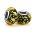 Amber glass large hole beads with yellow vine floral patterns and silver cores - Amber Yellow Vine Floral (019)