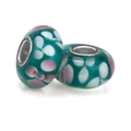 Teal glass beads with floral patterns and silver cores for DIY jewelry bracelets - Cyan Green Pink White Petal (018)