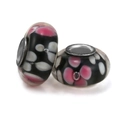 Handmade black glass charm beads with pink floral patterns and large silver metal core - Black Base Pink White Floral (020)