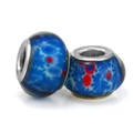 Blue resin charm beads with red floral patterns and silver cores for DIY bracelets - Dark Blue Floral (012)