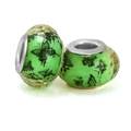Set of two green faceted resin beads with black butterfly patterns and silver core - Bright Green Butterfly (019)