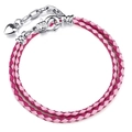 Dubbel gewikkelde roze gevlochten leren armband met hartbedel en karabijnsluiting - 16cm / Roze