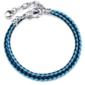 Dubbellaagse zwart en hemelblauw gevlochten lederen armband met zilveren karabijnsluiting - 16cm / Zwart En Hemelsblauw