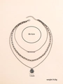 Detailed view of 3-layer paperclip and coin pendant necklace set with size and weight specs - Alloy Layered Necklace (XL0203_4)