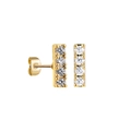 Detailed macro view of long 18K gold earrings featuring four vertical round zircons - Vertical Four Diamond Bar (22093_7)