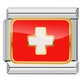 Macro shot of Italian charm bracelet link with Swiss flag enamel and golden borders - Switzerland Flag Style (C0792)