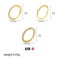 Detailed size chart showing US size 8 18K gold rings with cubic zirconia and weight details - US 6