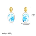 Detail showing dimensions of 18K gold enamel earrings with blue floral pattern - Oval Style