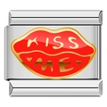 Italian charm bracelet link in silver steel with red enamel lips and Kiss Me text - Red Lips KISS ME Style(5061)