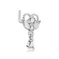 L-shaped surgical steel nose stud with silver heart wings and teardrop zircon dangle - Winged Heart with Teardrop Pendant (G047_7_3) / Silver