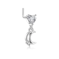 L-shaped surgical steel nose stud featuring a heart zircon and crescent moon pendant - Moon Heart Pendant (G047_7_8) / Silver