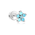 Mini silver steel flower stud earring with turquoise blue stones and flat back - Five-Petal Blue Flower Cluster (G047_8_3) / Silver/Blue
