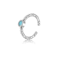 Silver beaded open ring featuring a round turquoise stone in minimalist boho style - Beaded Texture Turquoise Ear Cuff (G047_8_8) / Silver / Blue-Green