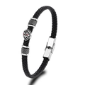 Braided black leather men's bracelet with silver lion head and red crystal eyes - Lion Head Style (PH1655B)
