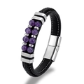 Braided black leather bracelet with purple stone beads and silver magnetic clasp - Purple Steel