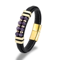 Multilayer black leather bracelet featuring purple natural stone beads and gold magnetic clasp - Purple Gold