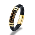 Men's leather bracelet with brown tiger eye stones and a golden magnetic clasp - Tiger's Eye / Gold