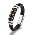 Men's black leather bracelet with tiger eye beads and silver stainless steel clasp - Tiger's Eye / Steel