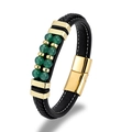 Bracelet pour homme en cuir tressé noir avec perles vertes et fermoir en métal doré - Or Vert
