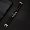 Men's retro multilayer brown leather bracelet with silver skull charm and metal clasp - Brown