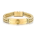Men's gold plated wheat link bracelet with engraved sunburst metal plaque and clasp - Sunbeam Style (GS1761J) / Gold