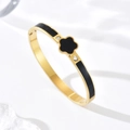 Bracelet trèfle doré en acier inoxydable avec émail noir et cristaux brillants - Noir (GH1159H)