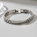 Men's titanium steel link bracelet with customizable polished rectangular metal plate - Silver