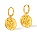 French vintage style gold rose embossed hoop earrings with irregular relief details - Rose Flower Coin Style (GE915)