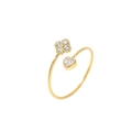 Goldener verstellbarer Ring mit funkelndem Kleeblatt und Herz-Strasssteinen auf Weiß - Größe 6 / Herz-Kleeblatt-Stil (GJ750) / Gold