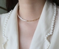 Collier en perles d'eau douce et chaîne en titane plaqué or 18 carats pour femme - Collier plaqué or 18k / 45cm