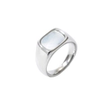 Minimalist silver-tone stainless steel wide ring with a rectangular mother of pearl inlay - US 7 / Rectangular Mother Of Pearl Signet Style (GJ733) / Steel