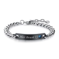 Polished silver cuban chain bracelet for couples with Her Beast engraving and blue stone - Her Beast (885) / 885-Black Men's Style