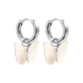 Minimalist silver hoop earrings with iridescent butterfly charms on a white background - 18K Gold / White Silver