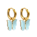 Detail view of light blue enamel butterfly drop earrings with golden metal hoop closures - 18K Gold / Blue Gold