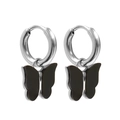 Silver metal hoop earrings featuring black butterfly pendants in a minimalist chic style - 18K Gold / Black Steel