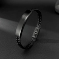 Men's black braided leather bracelet with matte black stainless steel rectangular plate - Black