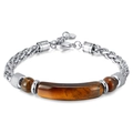 Men's wheat chain bracelet in stainless steel with brown tiger eye stone inlay - Tiger's Eye / Brown