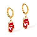 Boucles d'oreilles de Noël gants rouges avec cœur blanc sur anneaux dorés - Style Gant de Coeur (GE1020)