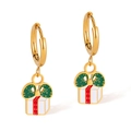Boucles d'oreilles boîte cadeau de Noël dorées avec ruban rouge et émail vert - Style Boîte Cadeau (GE1022)