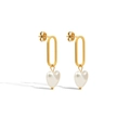 Orecchini pendenti vintage con cerchi ovali dorati e ciondoli a cuore in perla bianca - Maglia Singola Con Ciondolo a Cuore / Oro Corta Perla 2