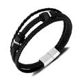 Men's multilayer black braided leather bracelet with silver magnetic clasp and metal beads - Steel