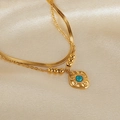 Double-layer gold layered necklace with flat snake chain and gemstone pendant - Double Layer Hammered Turquoise Rhombus (GX2444) / Gold